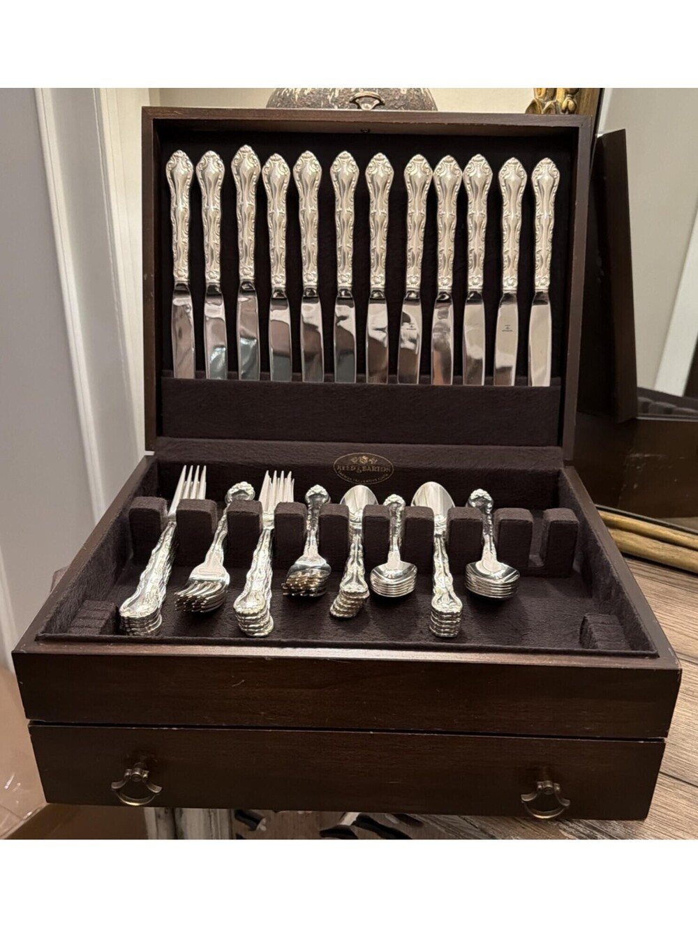 Gorham French Classic Silverplate Flatware 66 Pc w Reed & Barton Chest 2 Drawer